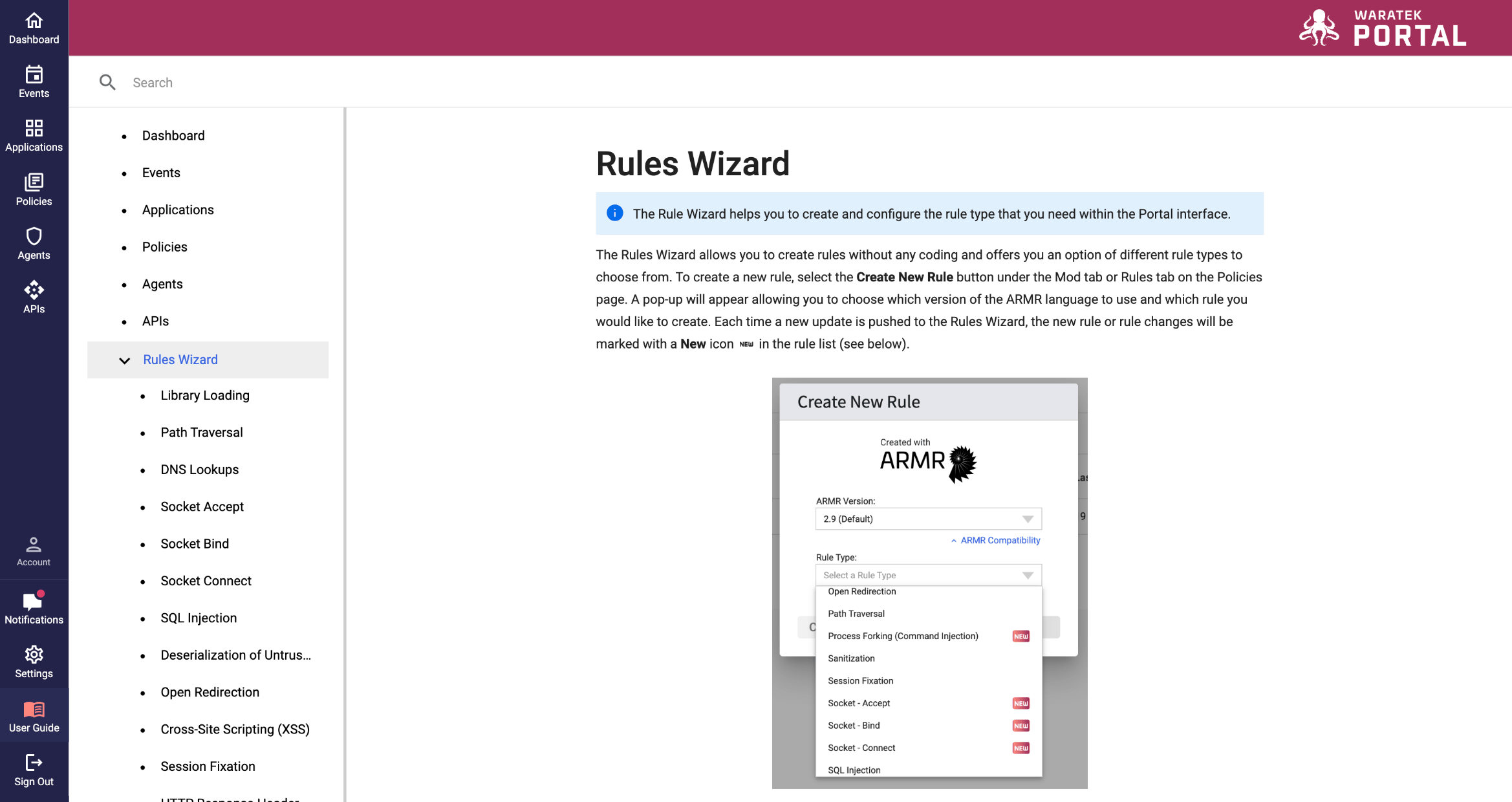 Screenshot of the User Guide integrated into the Portal interface