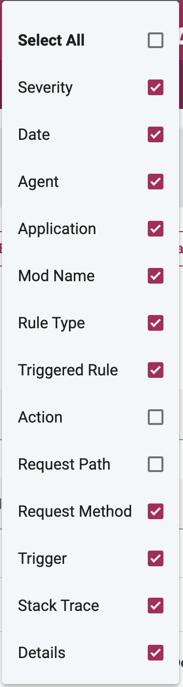Screenshot of the column editor settings menu for customizing table columns
