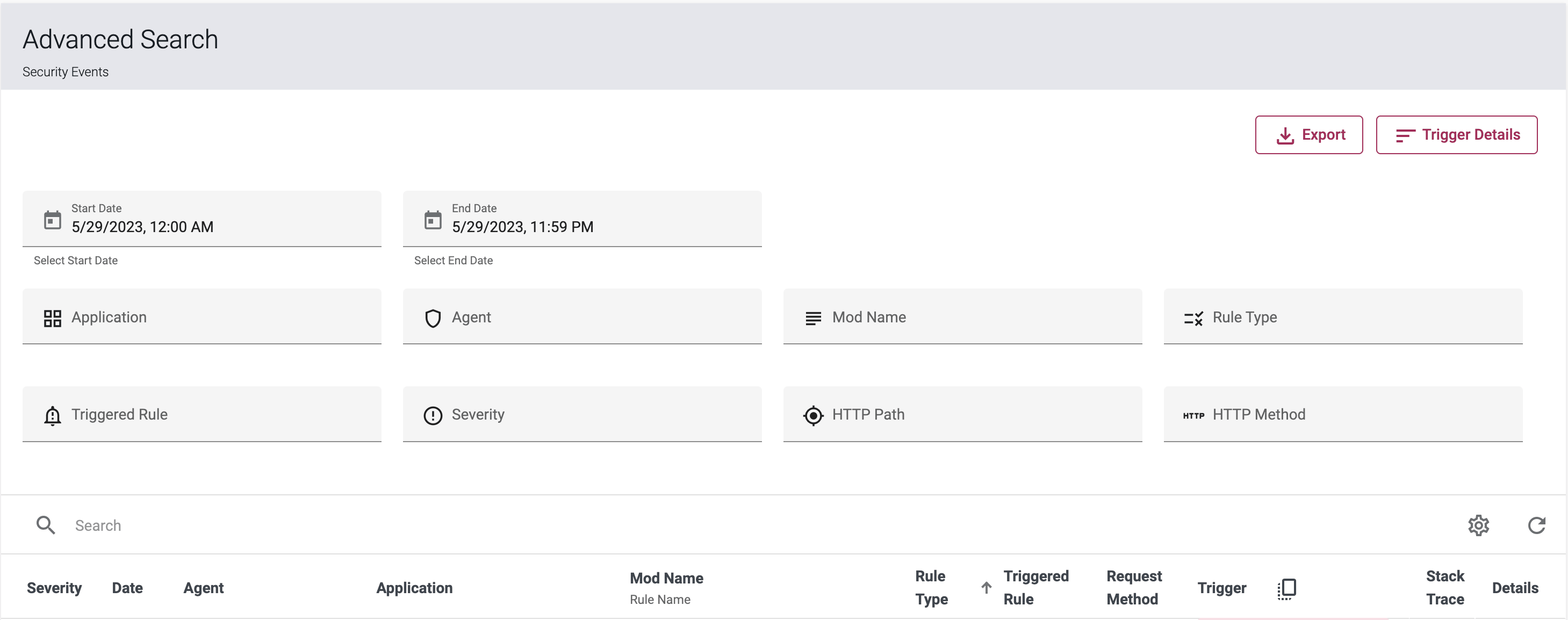 Screenshot of new Application, HTTP Path, and HTTP Method filters on the Advanced Search page