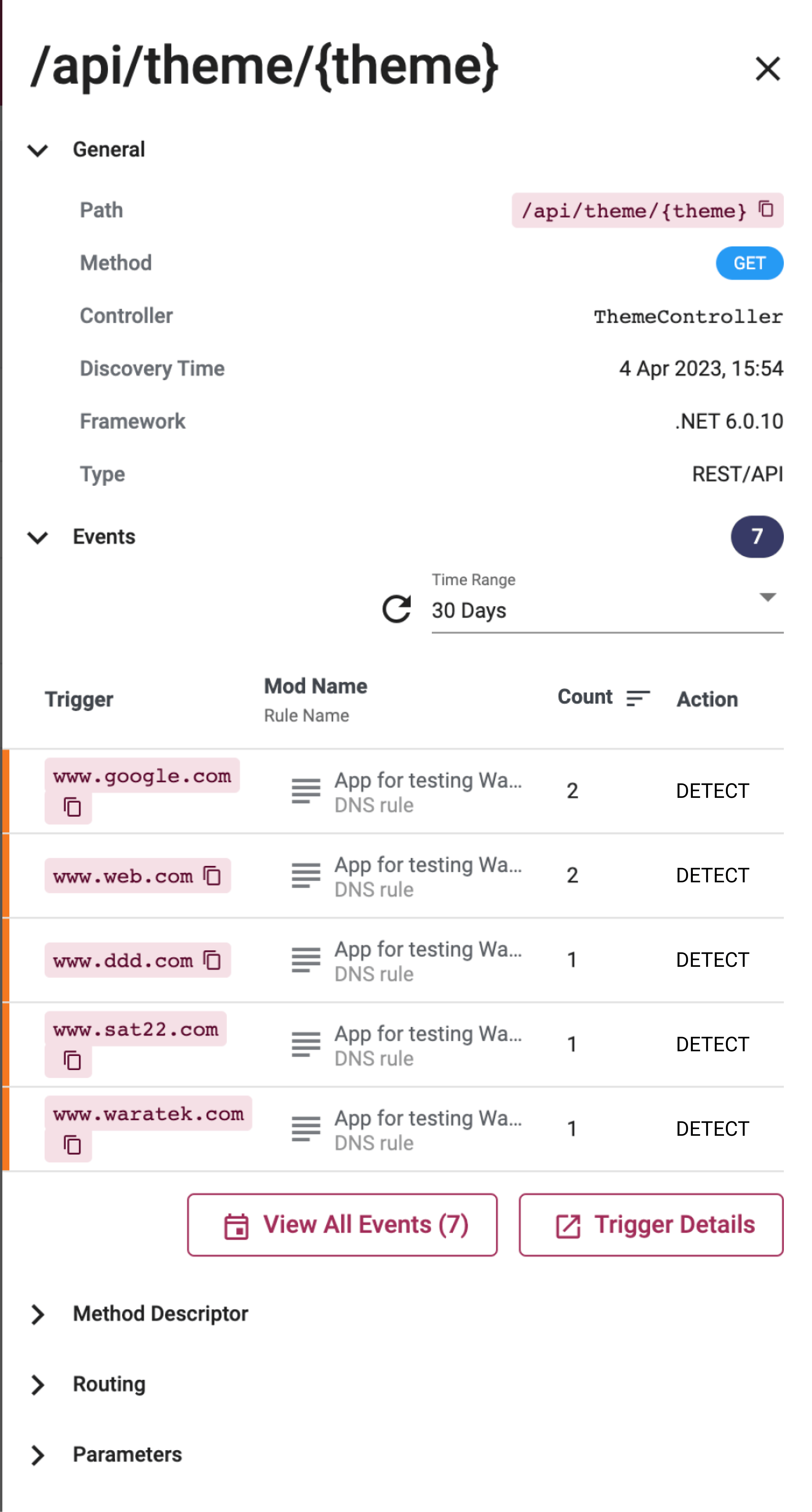 Screenshot of the sliding side panel showing detailed endpoint information