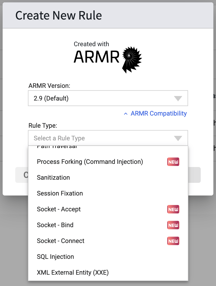 Screenshot of the Create New Rule list flagging new rule changes