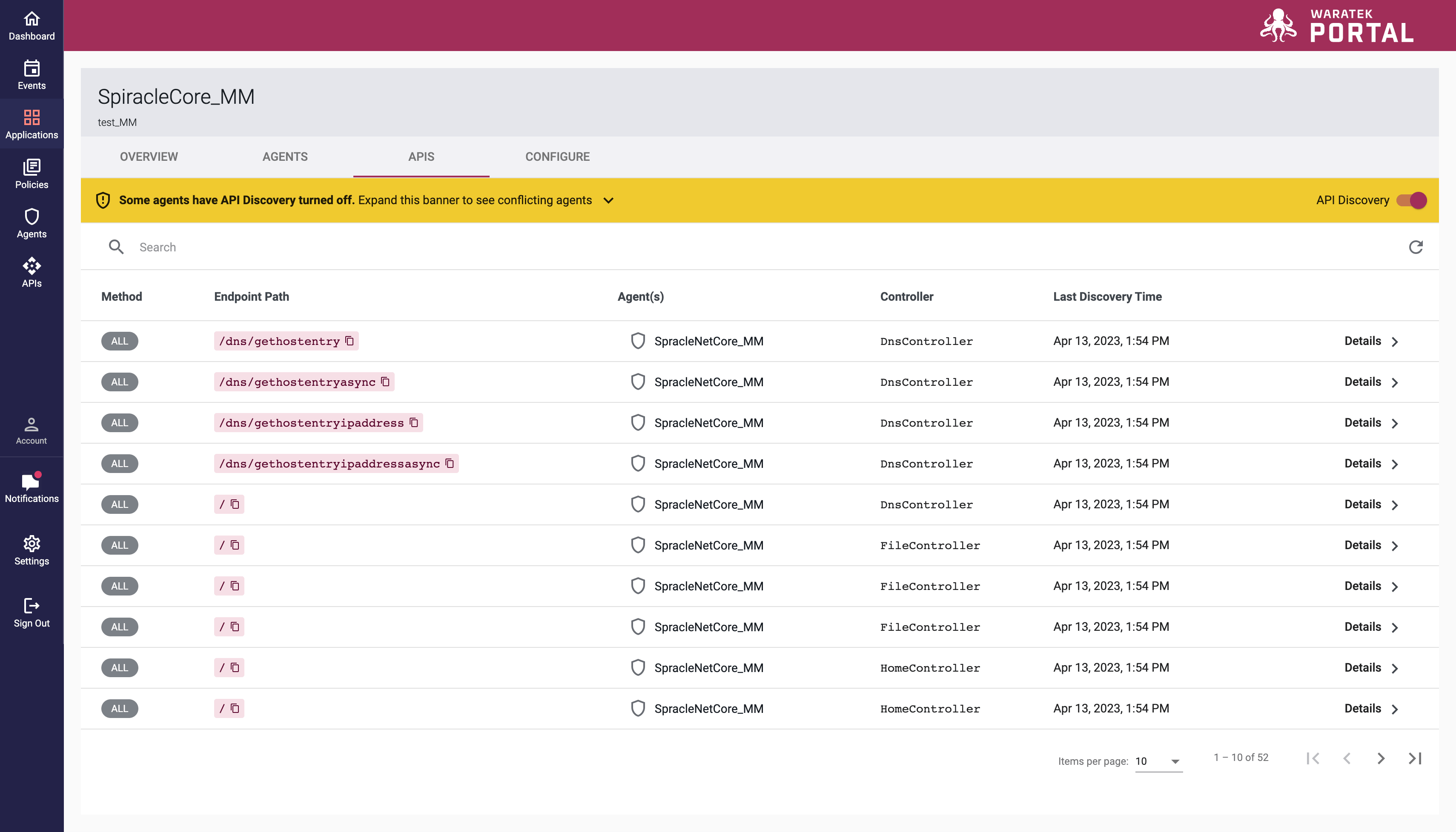 Screenshot of the API tab on the Applications page listing discovered endpoint paths