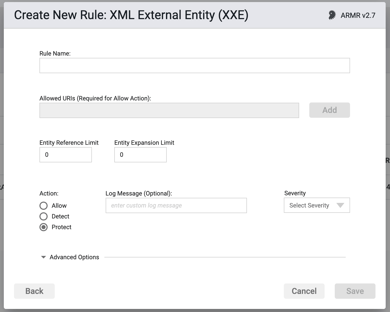 Screenshot of the revised XXE rule form with updated limit field titles