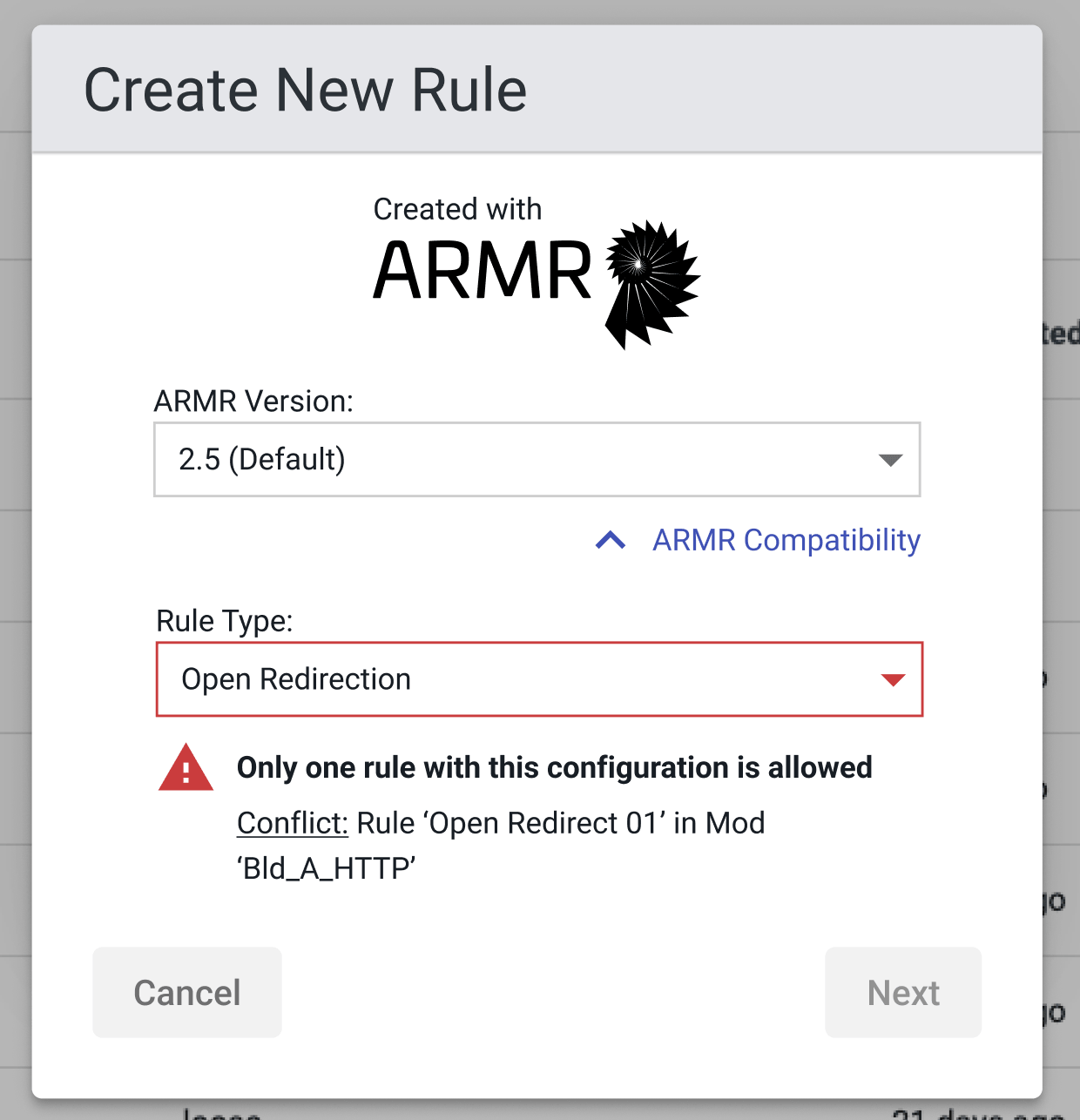 Screenshot of a notification preventing creation of a duplicate unique rule