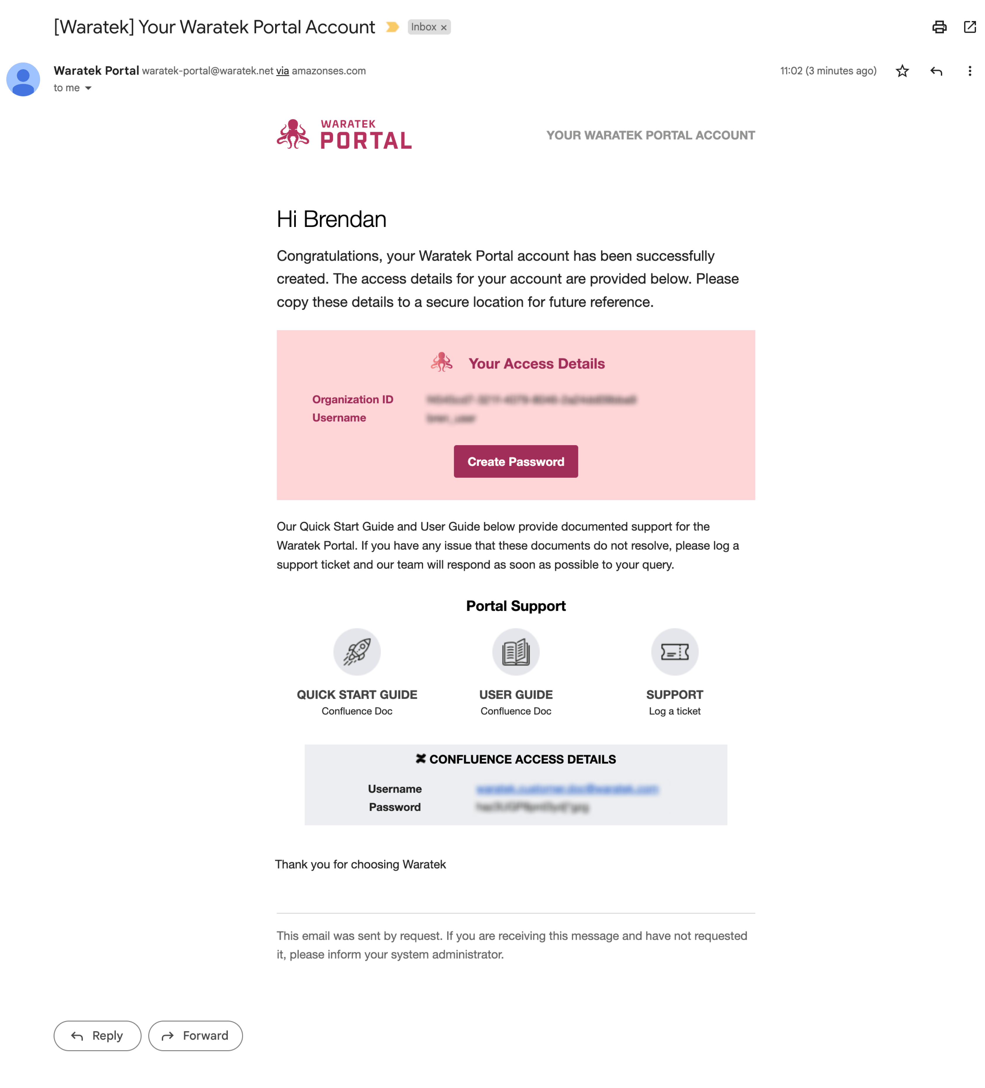 Screenshot of the new user onboarding email with login credentials and setup links