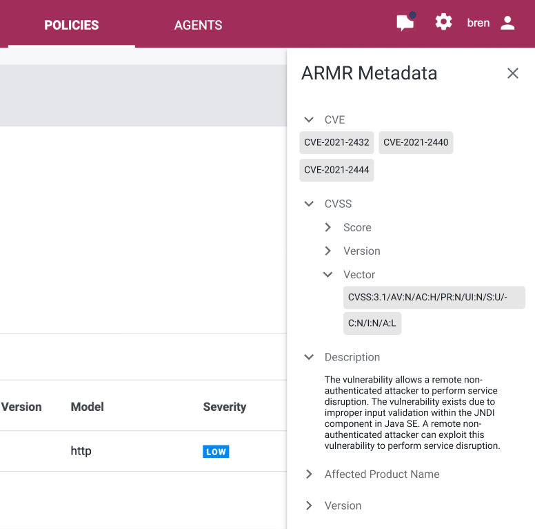 Screenshot of the policy metadata visual record at the policy, mods, and rule levels
