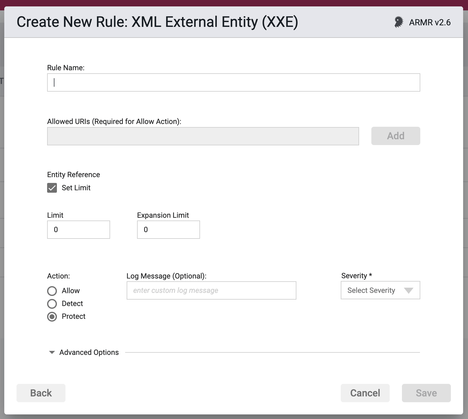 Screenshot of the new XXE Rule creation form in the Portal