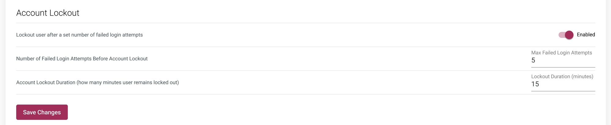 Screenshot of the login lockout settings for maximum unsuccessful login attempts