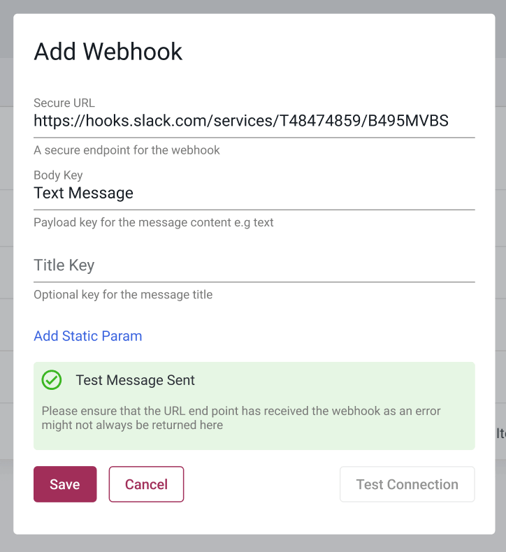 Screenshot of the Webhook connection test feature before saving