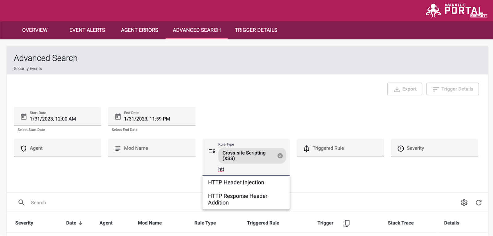 Screenshot of the Advanced Search tab for filtering and searching security events