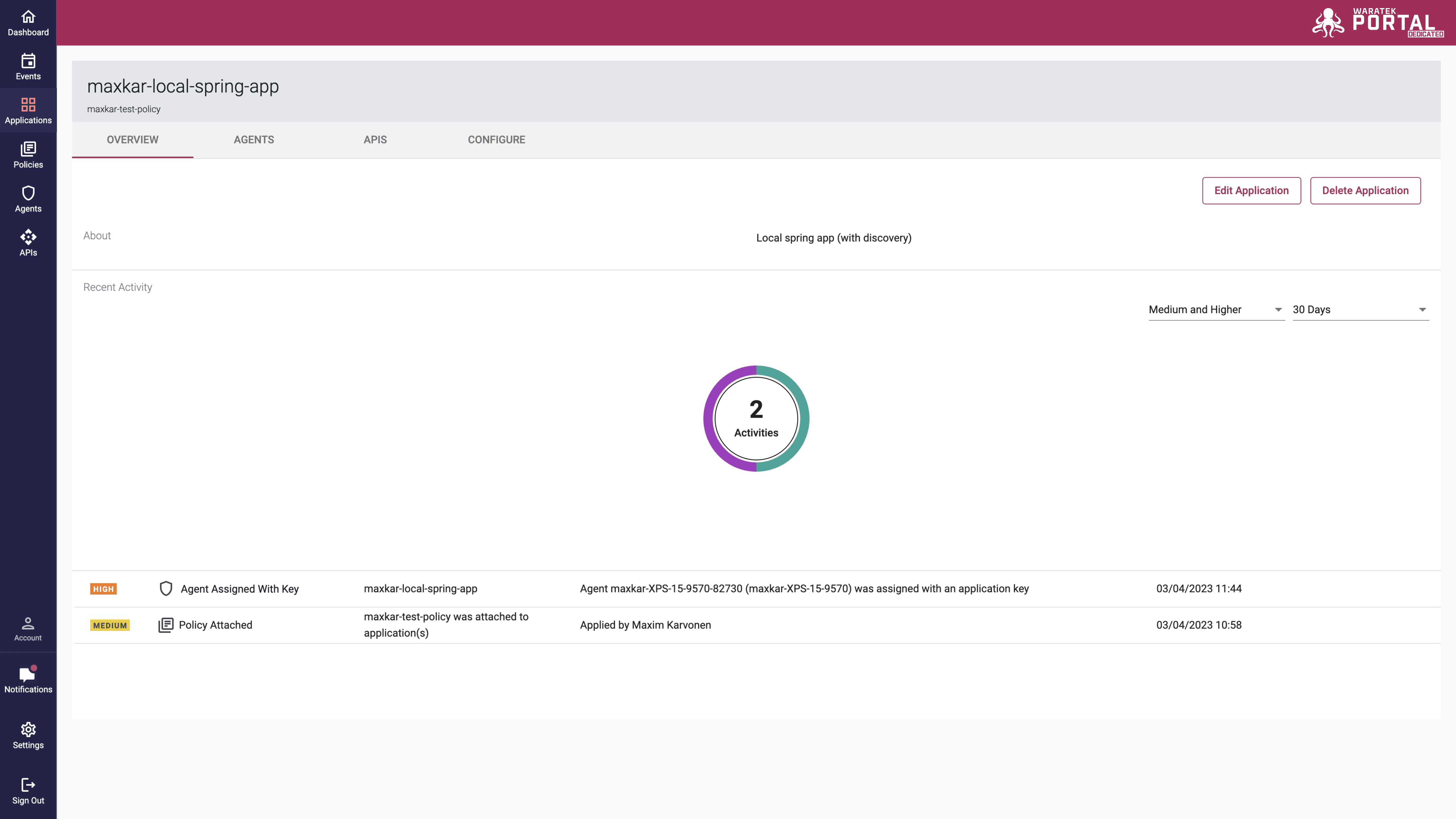 Screenshot of the Application Overview tab with a donut chart and recent activity table