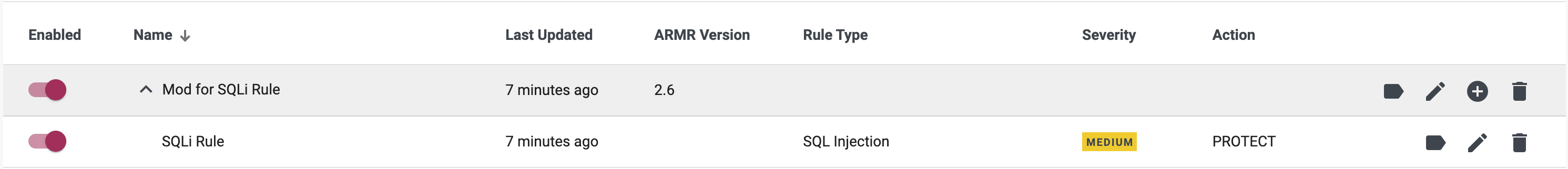 Screenshot of the read-only metadata side panel for a rule or mod
