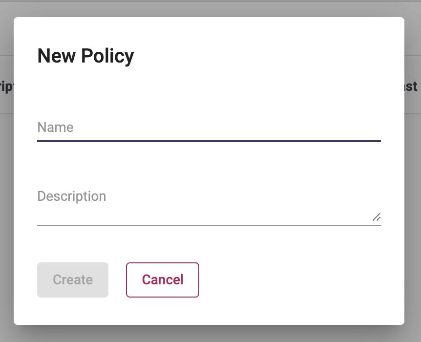 Screenshot of the New Policy dialog with Team selection option