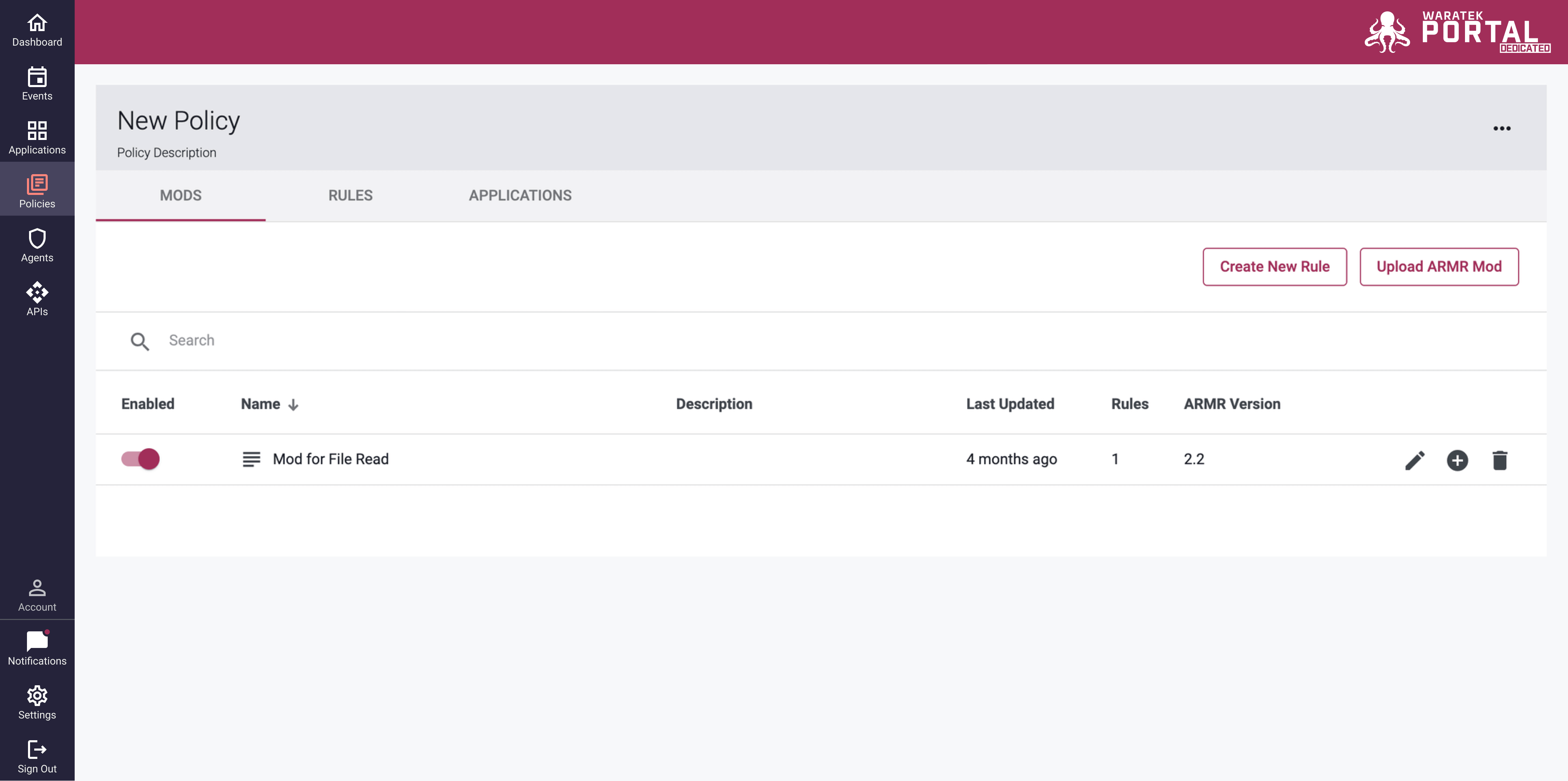 Screenshot of the Policy Details page showing the Mod for File Read within New Policy