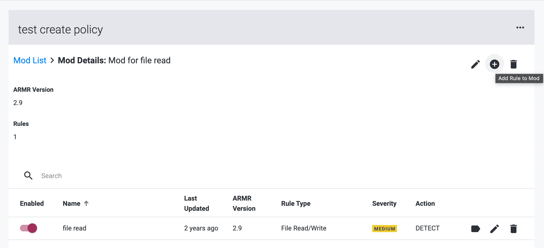 Screenshot of the Mod Details page with the Add Rule to Mod menu option