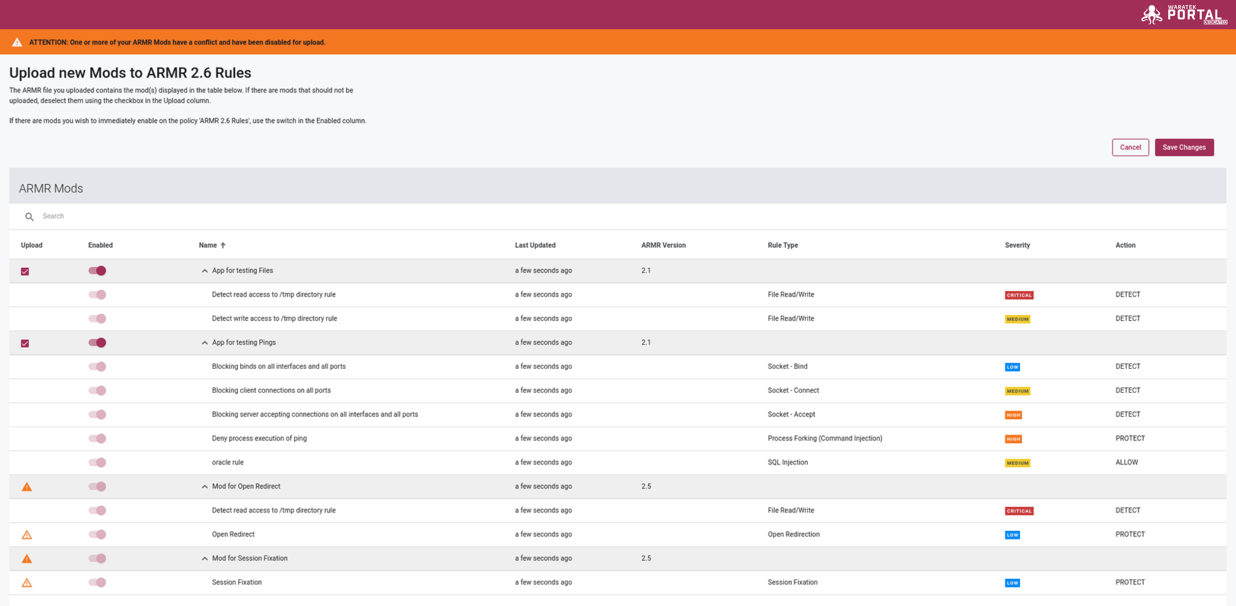 Screenshot of the Upload ARMR Mod modal listing Mods and Rules for upload