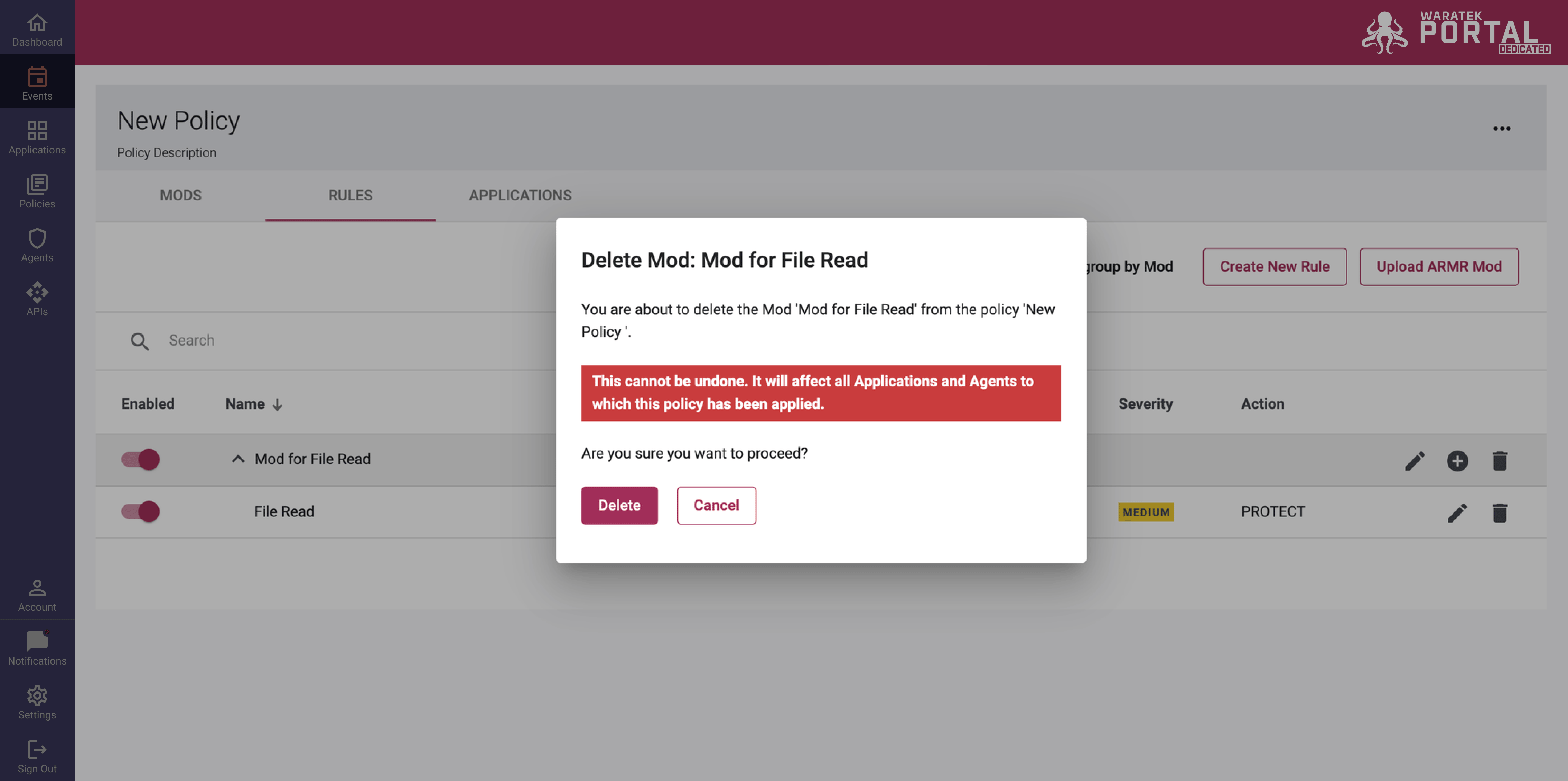 Screenshot of the Delete a Mod confirmation dialog on the Policies page