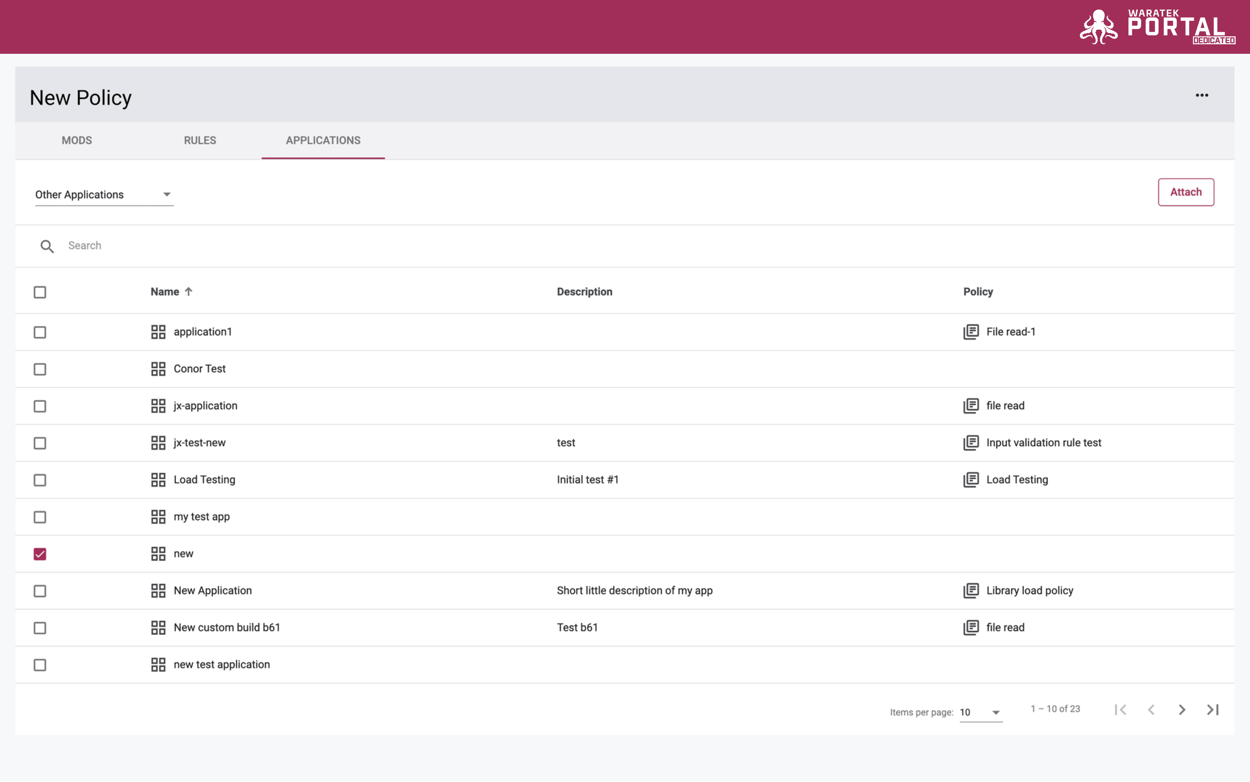 Screenshot of the Other Applications view with checkboxes and Attach button