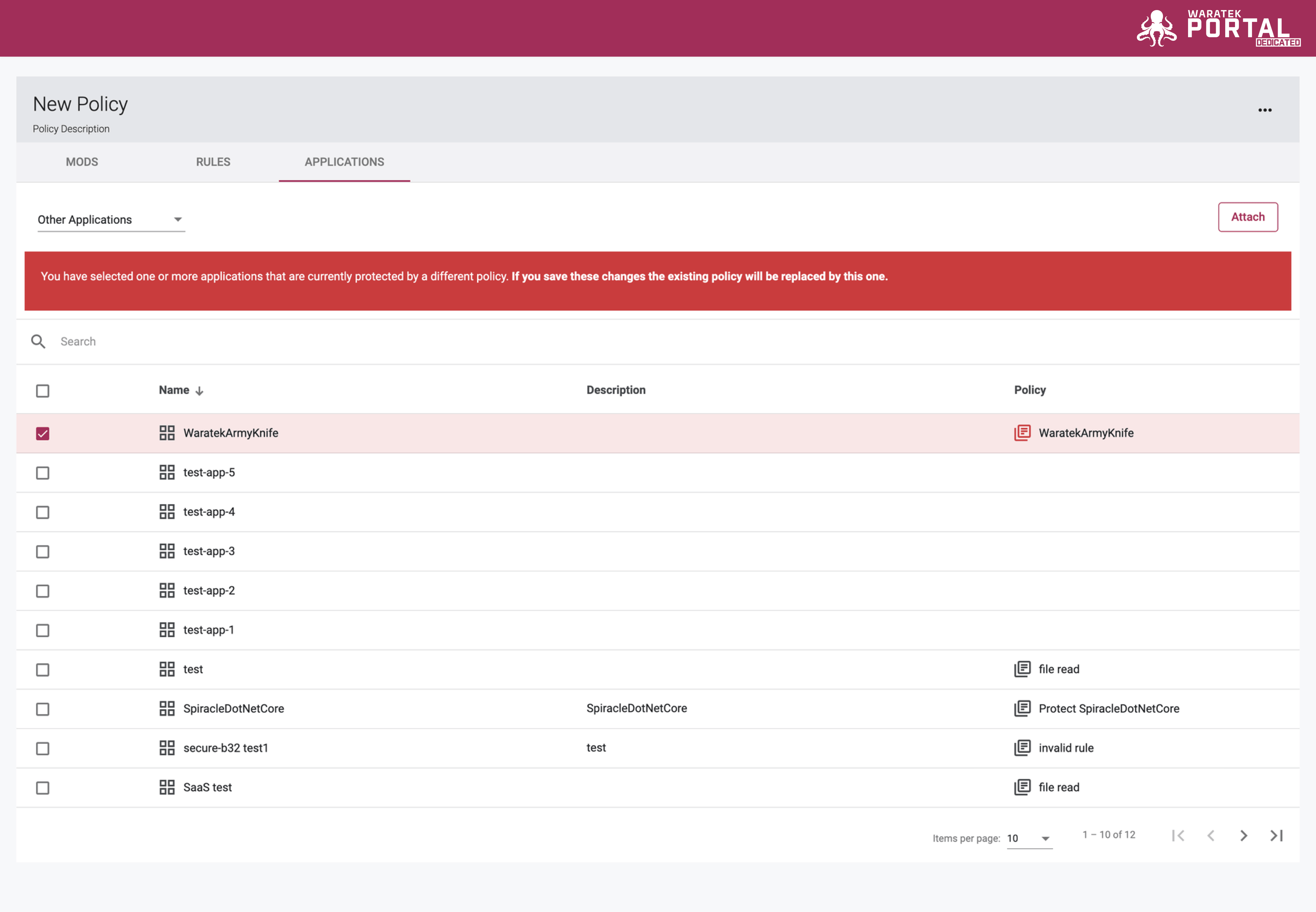 Screenshot of the red notification banner warning that an existing policy will be replaced