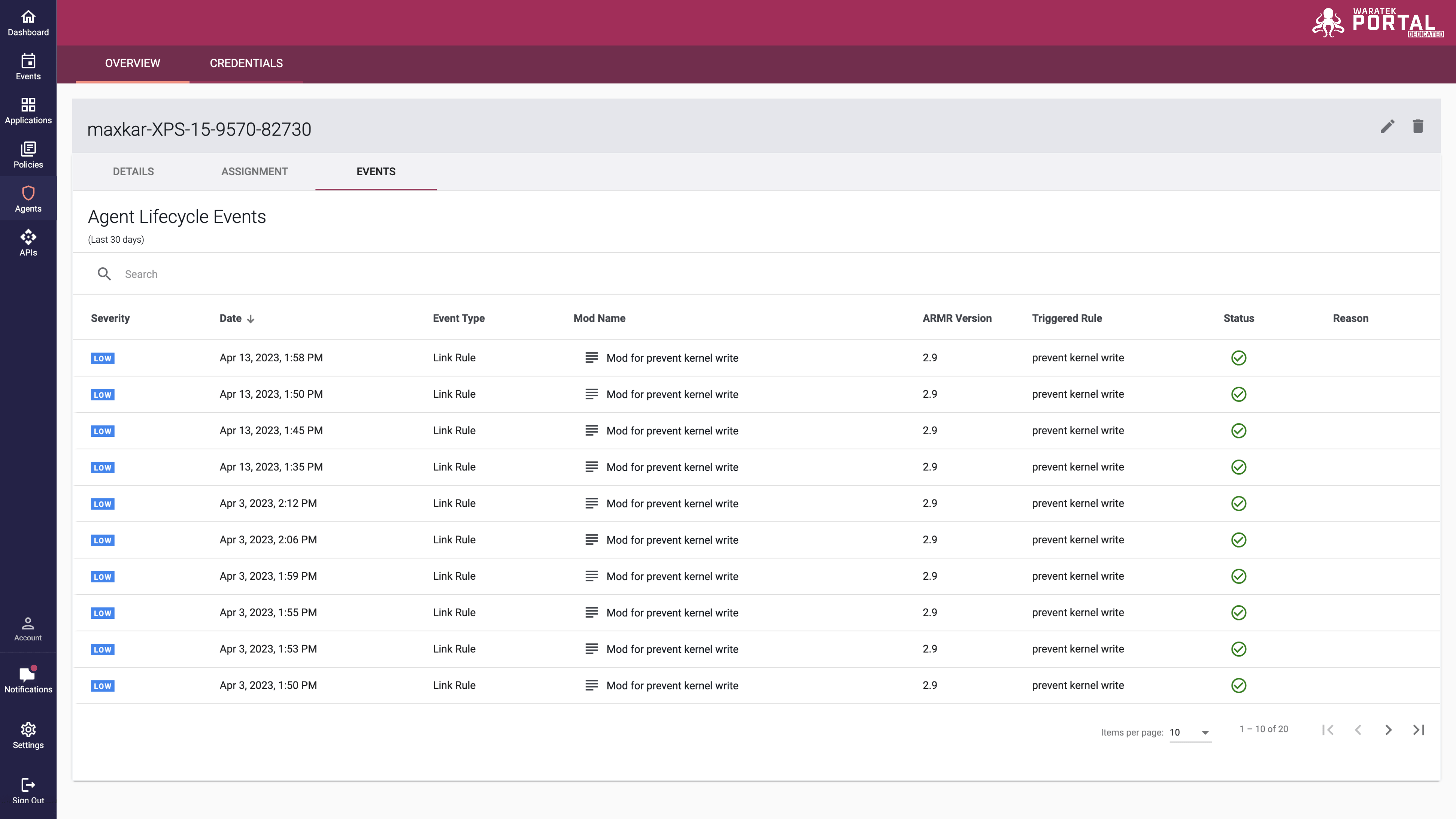 Screenshot of the Events tab on the Agent Details page listing Link Rule and Syntax Error events
