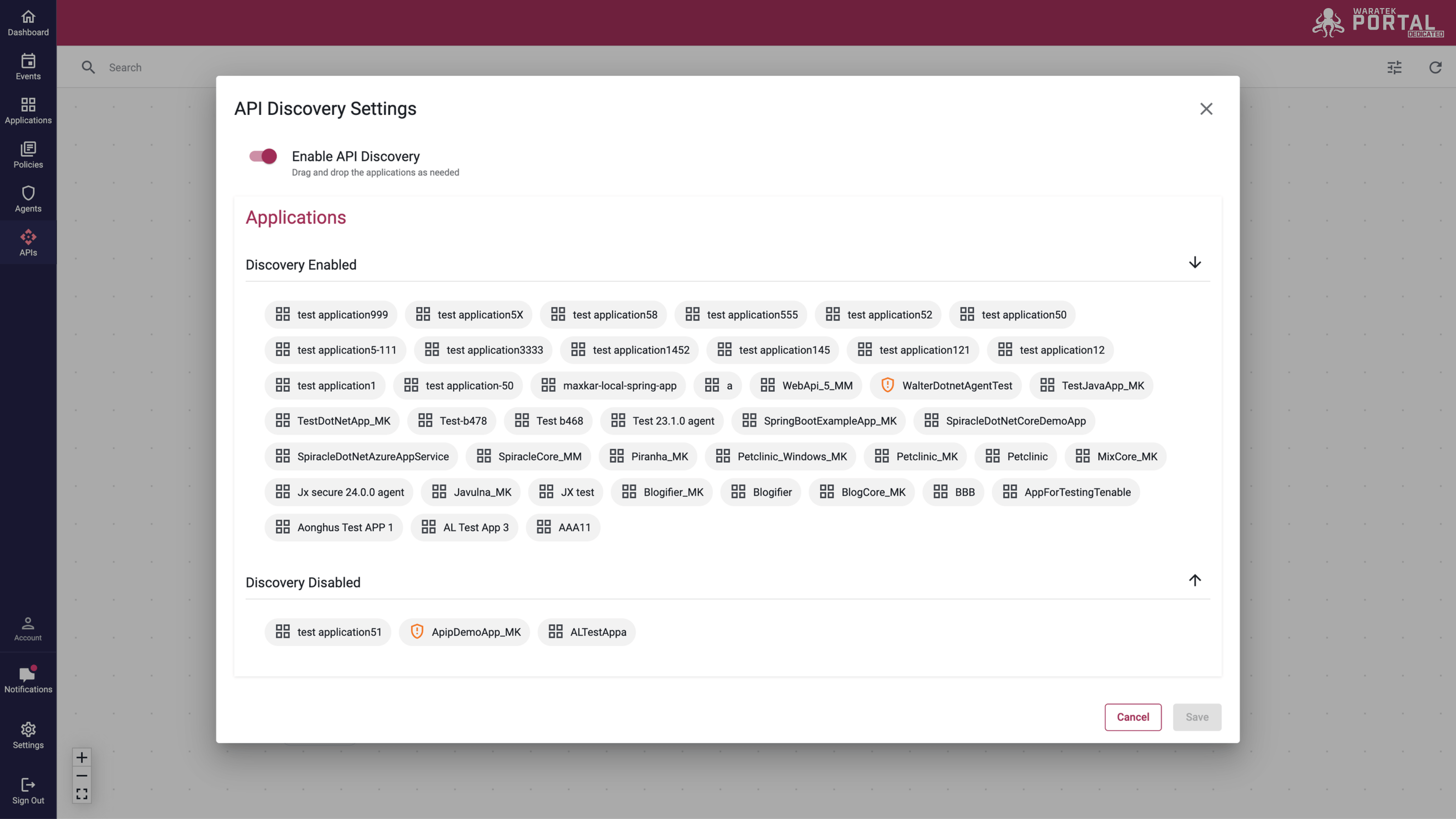 Screenshot of the API Discovery Settings modal with Discovery Enabled and Disabled drag zones