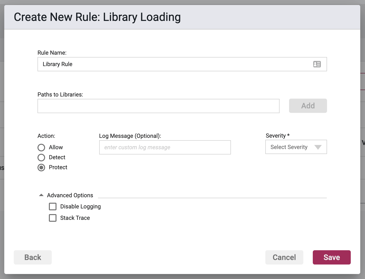 Screenshot of the Rule Options section in the Library Loading Rule Wizard