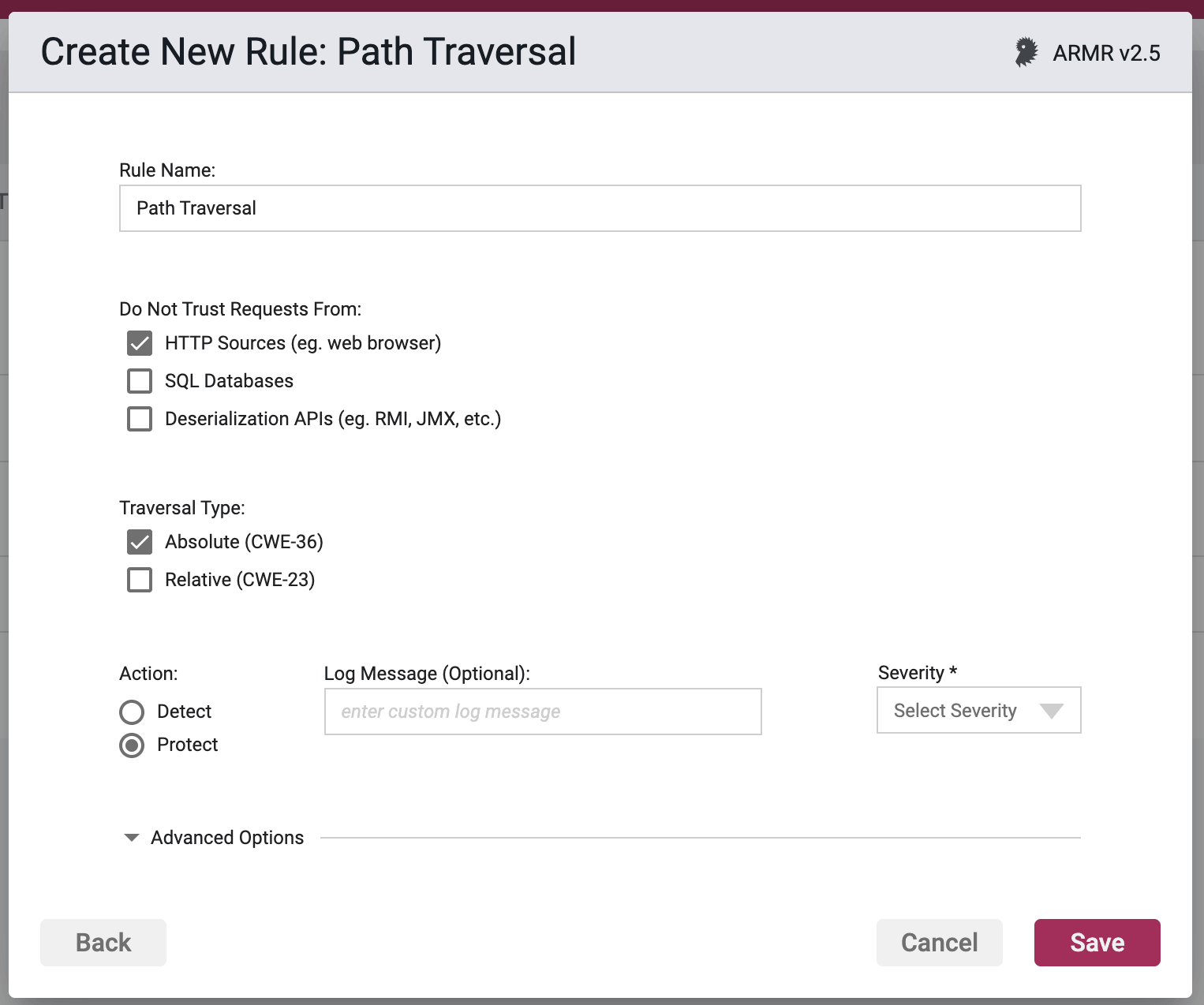 Screenshot of the Rule Options section in the Path Traversal Rule Wizard