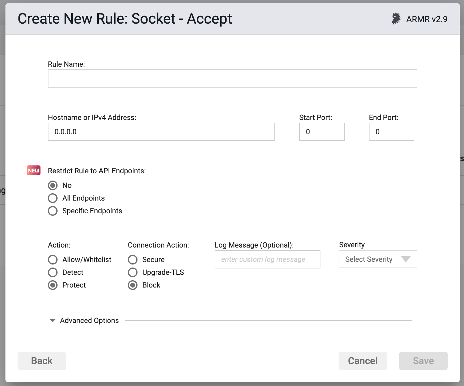 Screenshot of the Rule Options section in the Socket Accept Rule Wizard