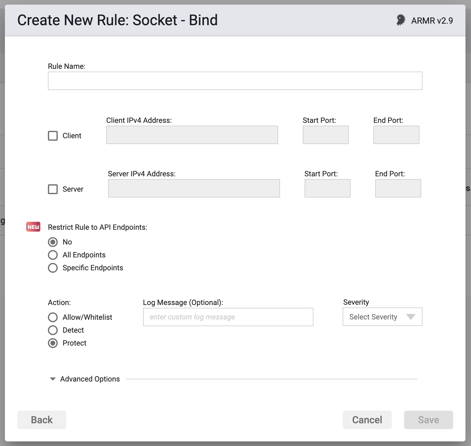 Screenshot of the Rule Options section in the Socket Bind Rule Wizard