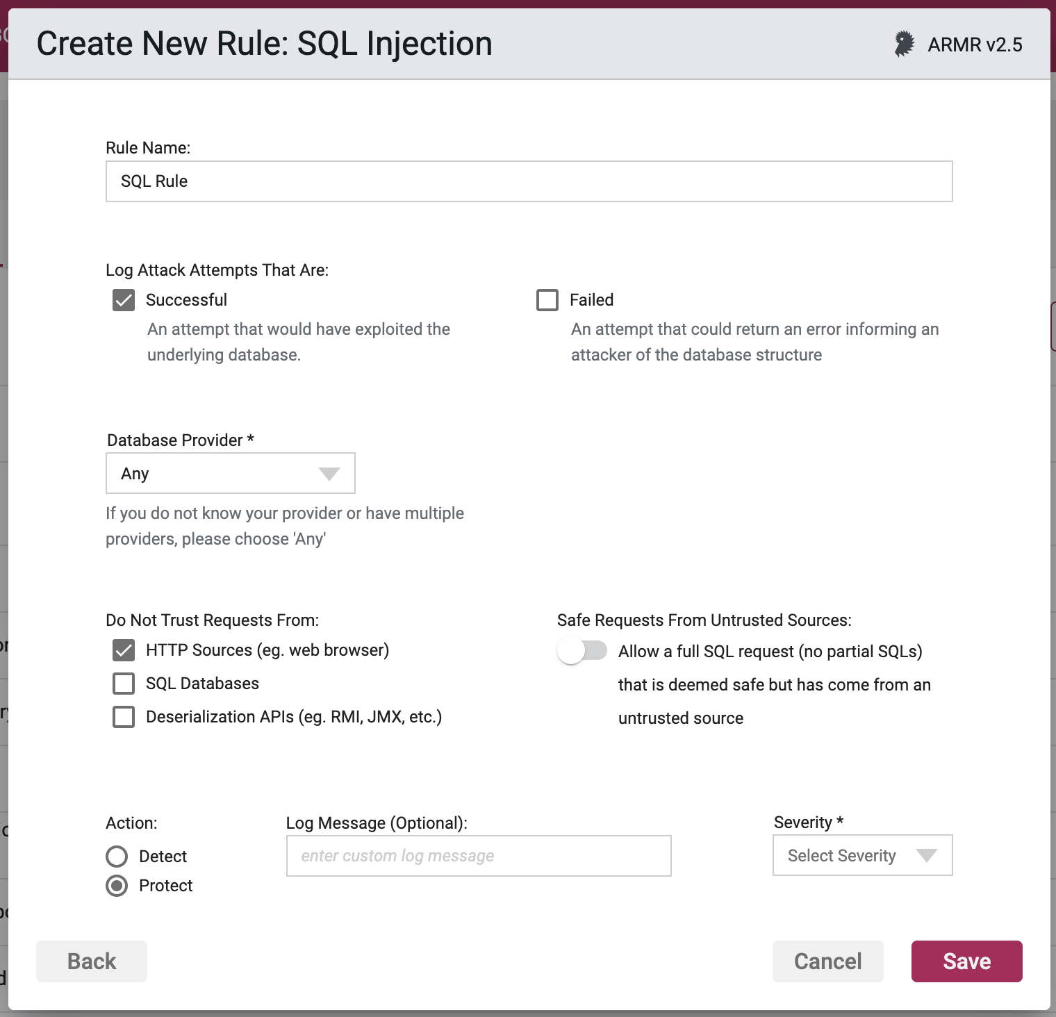 Screenshot of the Rule Options section in the SQL Injection Rule Wizard
