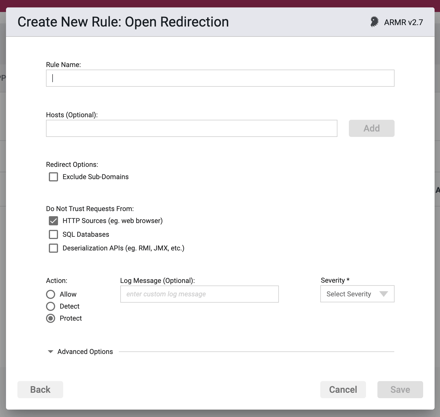 Screenshot of the Rule Options section in the Open Redirection Rule Wizard