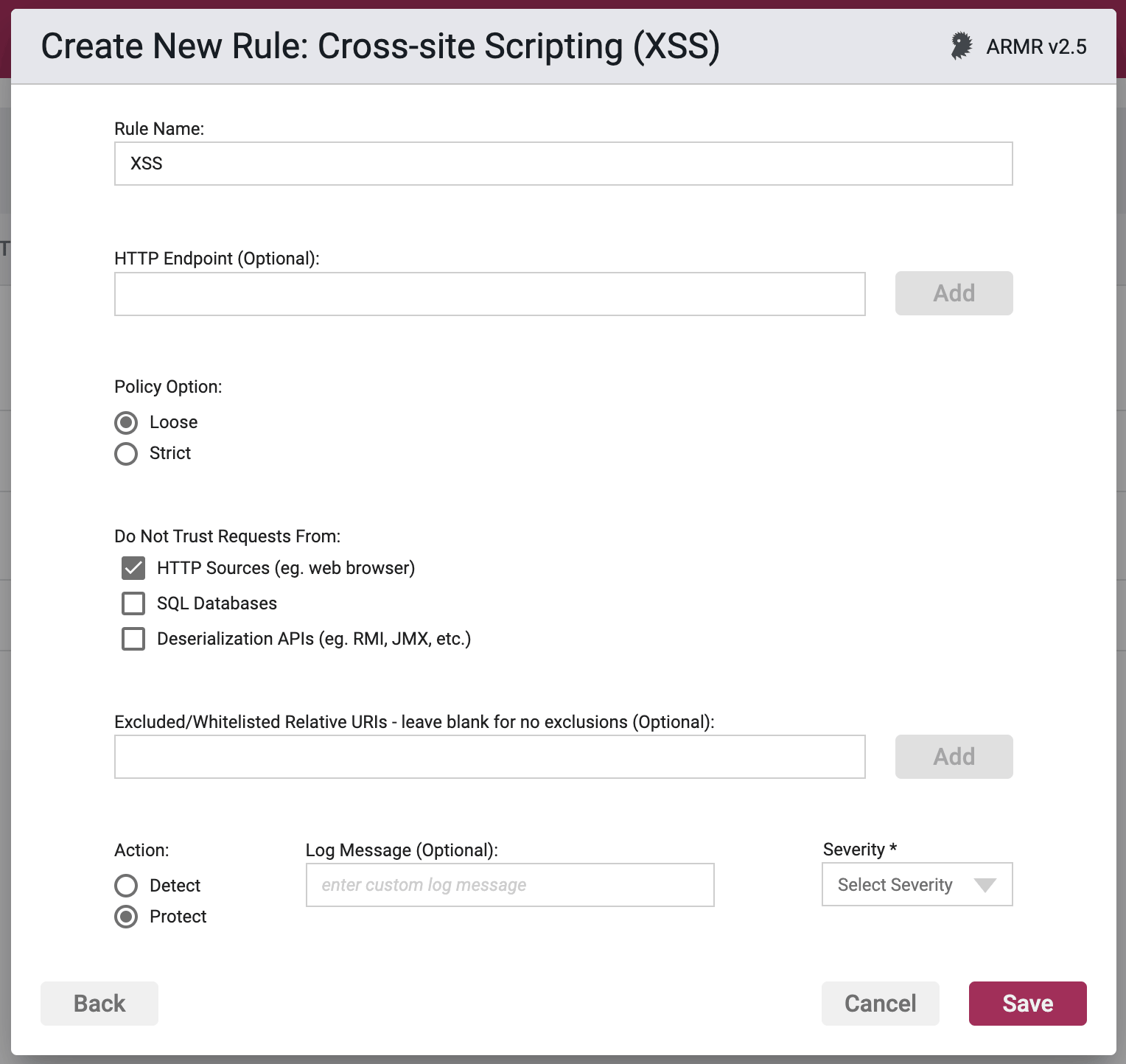 Screenshot of the Rule Options section in the Cross-Site Scripting (XSS) Rule Wizard