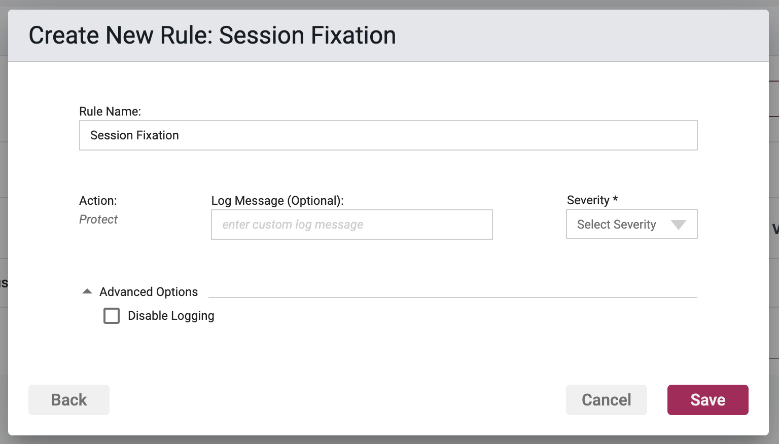 Screenshot of the Rule Options section in the Session Fixation Rule Wizard