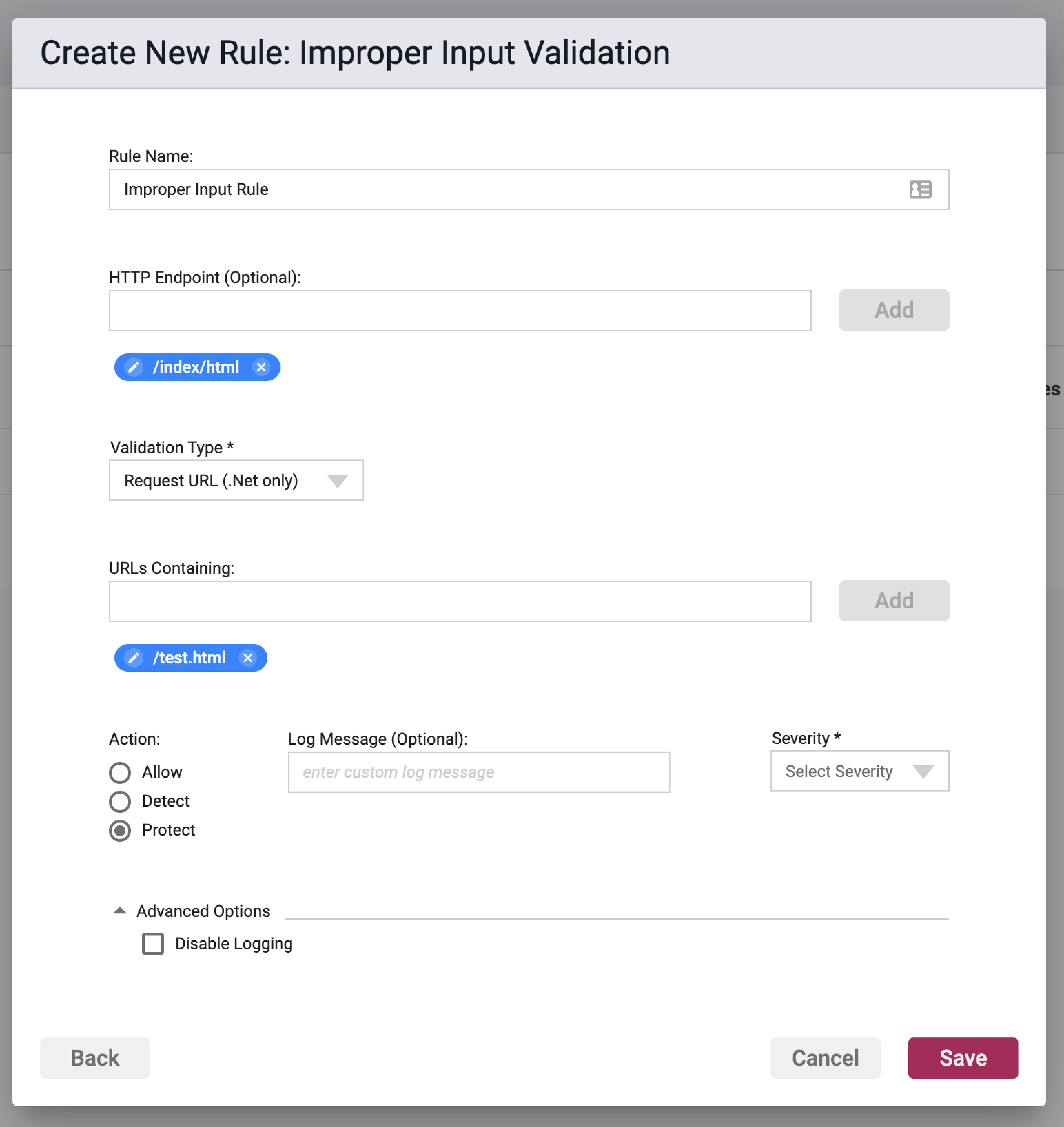 Screenshot of the URLs containing validation options for Request URL in the Improper Input Validation Rule Wizard