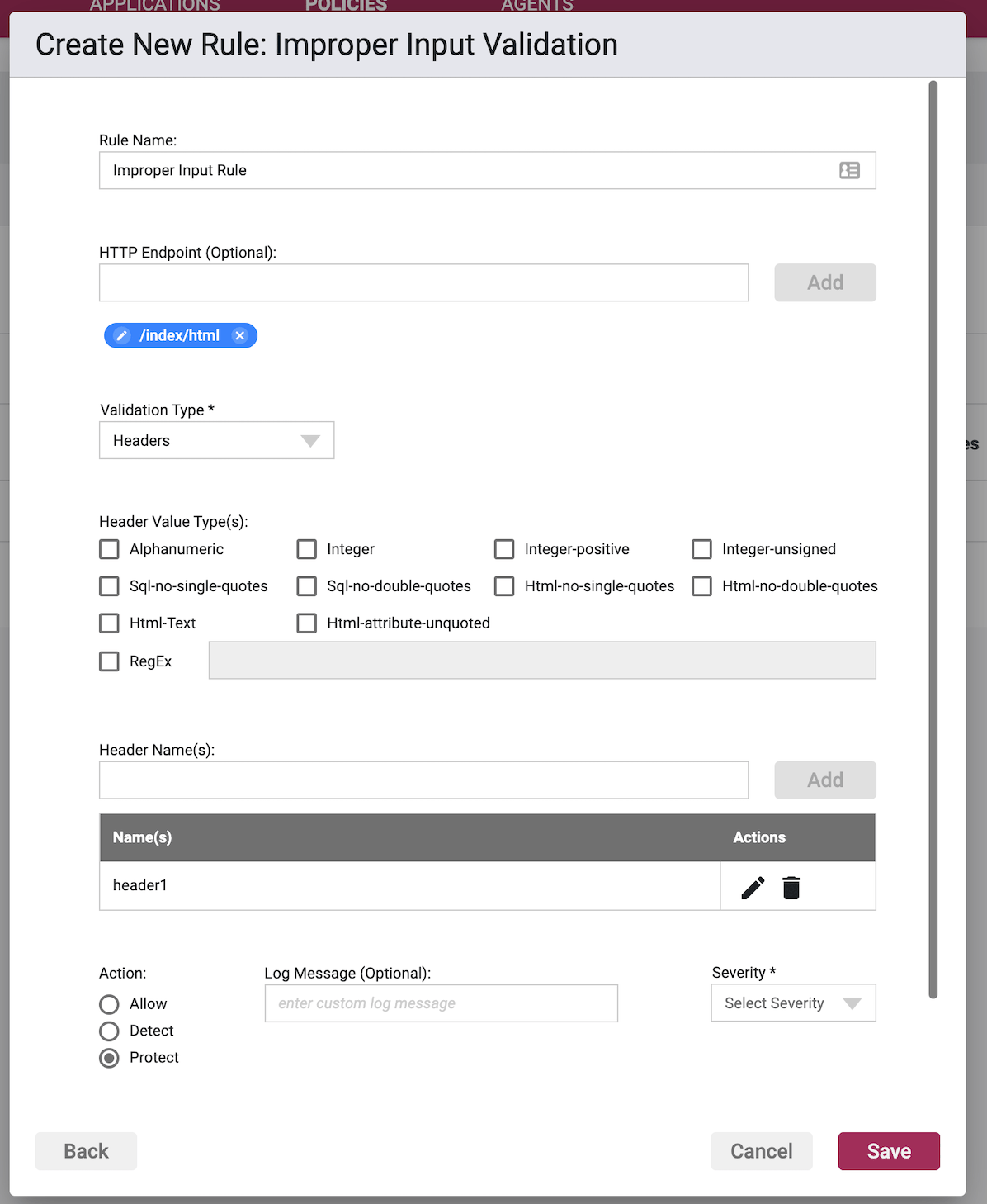 Screenshot of the Cookies/Headers/Parameters validation subject options in the Improper Input Validation Rule Wizard
