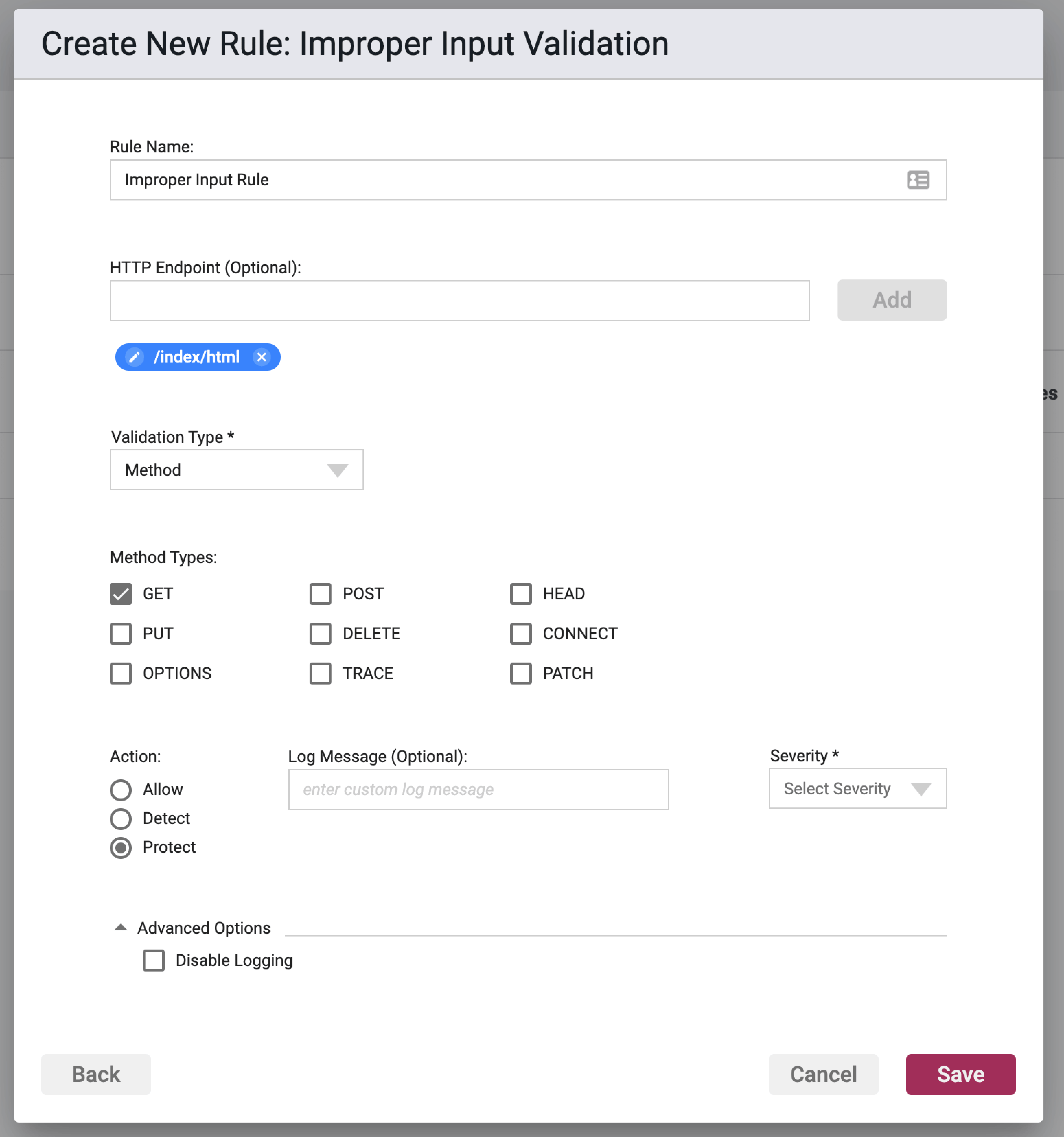 Screenshot of the Method Types options in the Improper Input Validation Rule Wizard