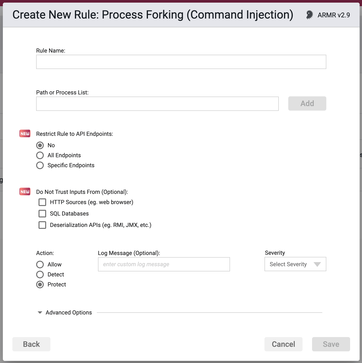 Screenshot of the Rule Options section in the Process Forking Rule Wizard