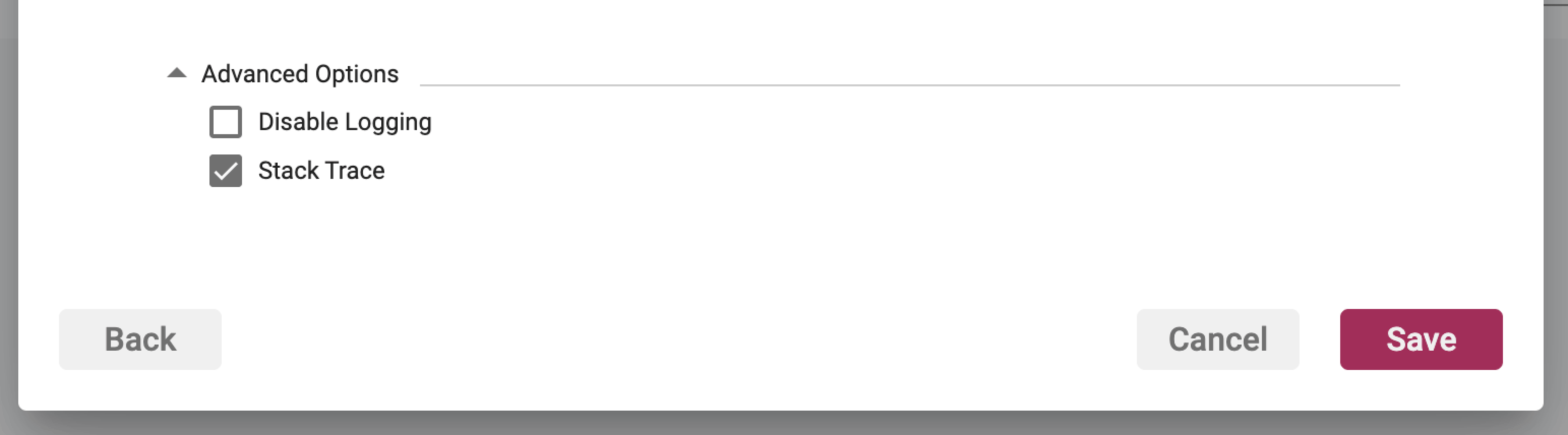Screenshot of the stack trace toggle in the Rule Wizard's Advanced Options section