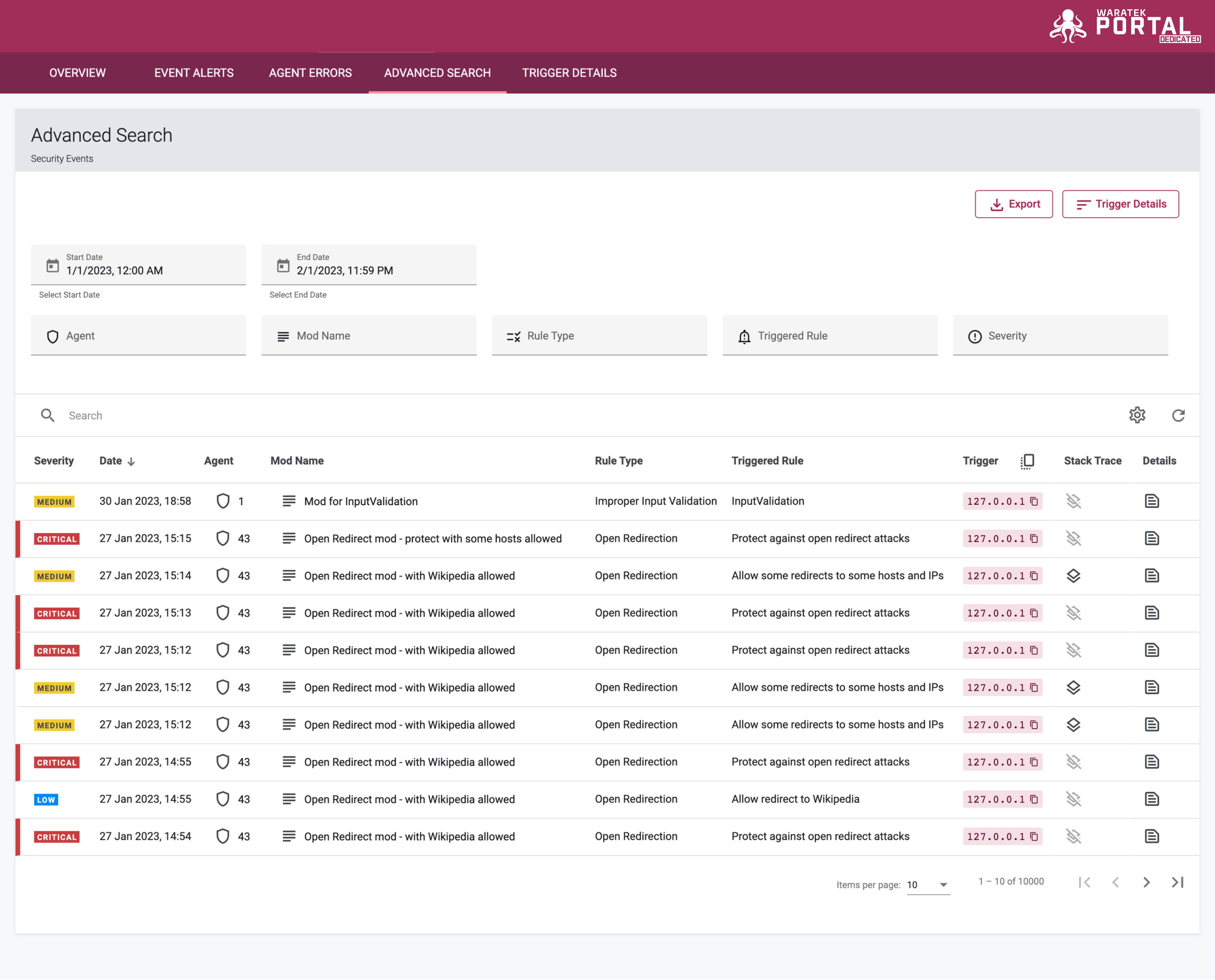 Screenshot of the Stack Trace icon displayed next to an event in the Advanced Search table