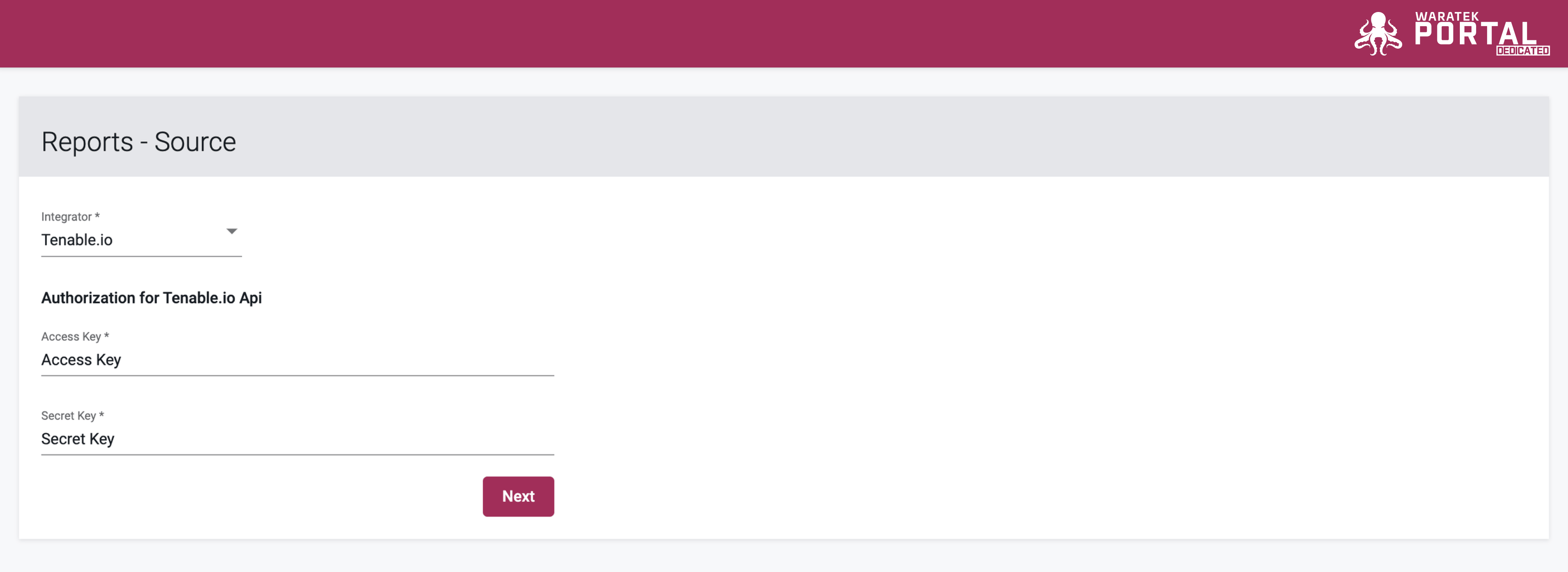 Screenshot of the Tenable integration setup screen for entering Access Key and Secret Key