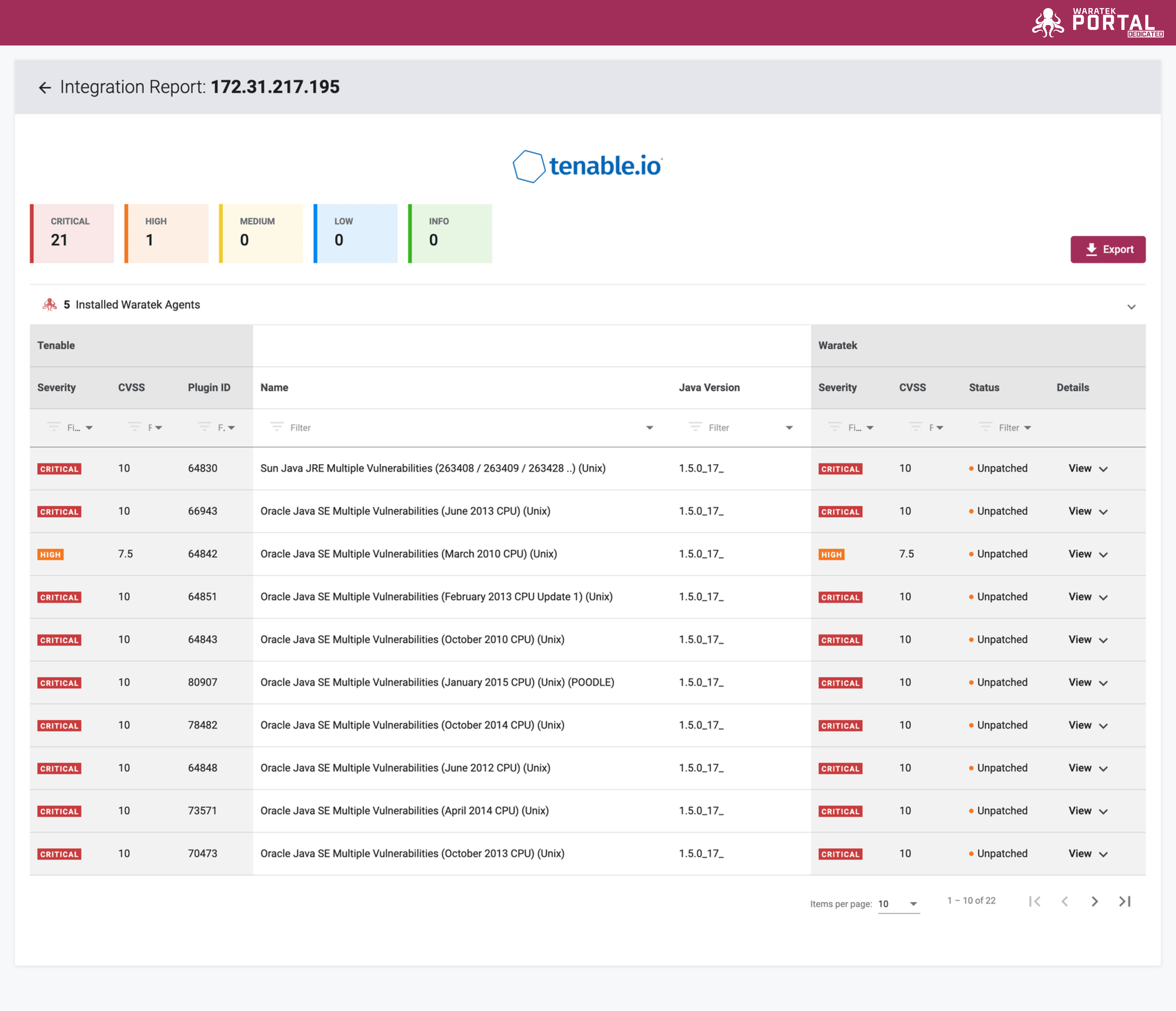 Screenshot of the full Tenable report with filterable columns listing remediated and unremediated CVEs