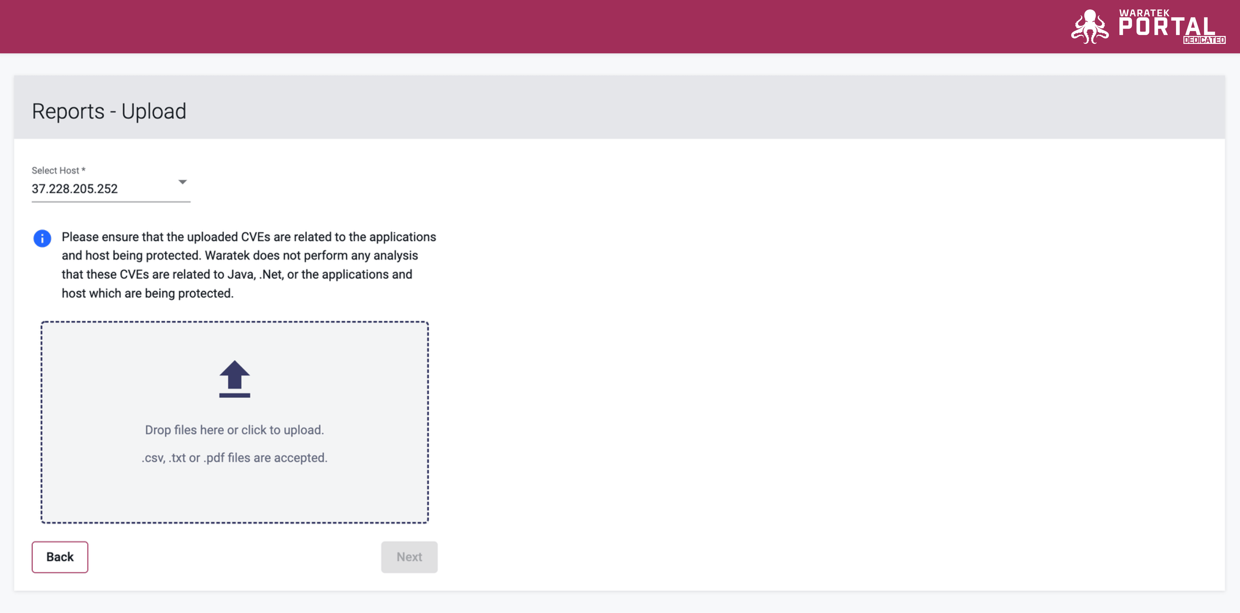 Screenshot of the Customer Vulnerability Report wizard with file uploaded and host selected, Next button enabled