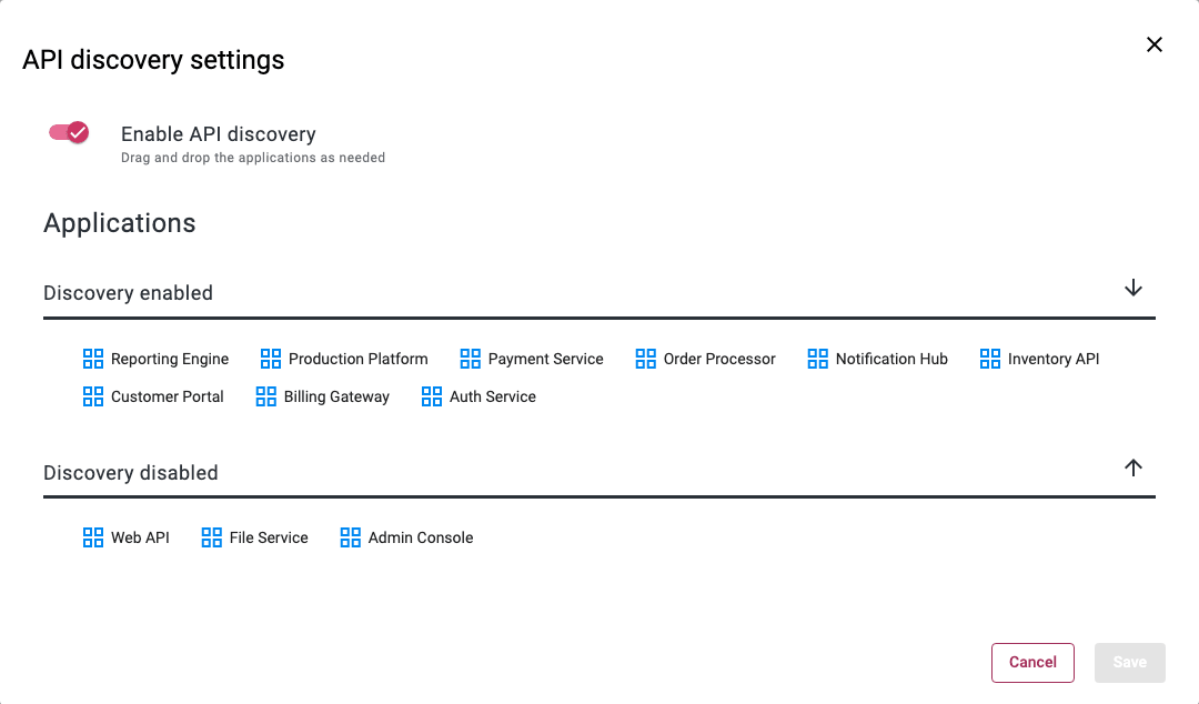 Screenshot of the API Discovery Settings modal with the global enable switch and application drag-and-drop zones