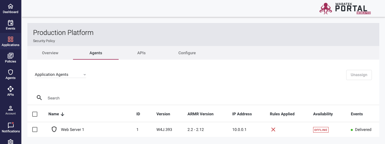 Screenshot of the Application Agents tab showing the Assign button used to attach an agent