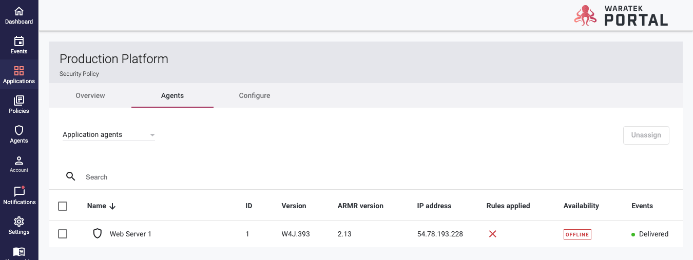 Screenshot of the Application Agents tab showing the Assign button used to attach an agent