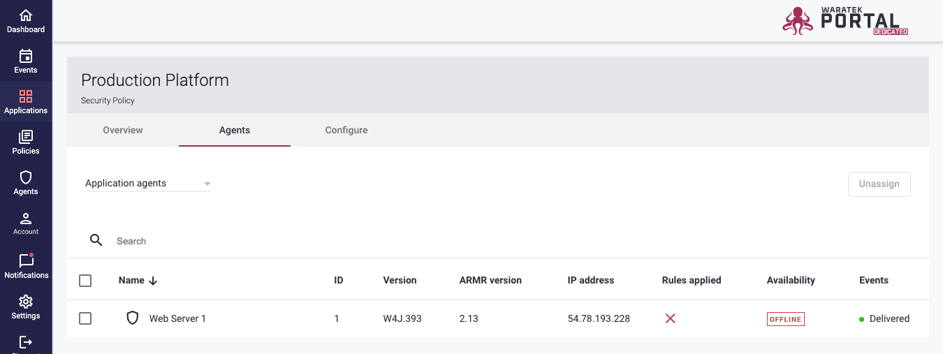Screenshot of the Application Agents tab showing the Assign button used to attach an agent