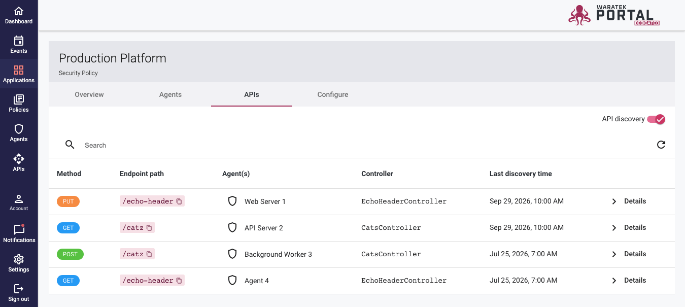Screenshot of the application API table listing discovered endpoints with method, path, and agent columns