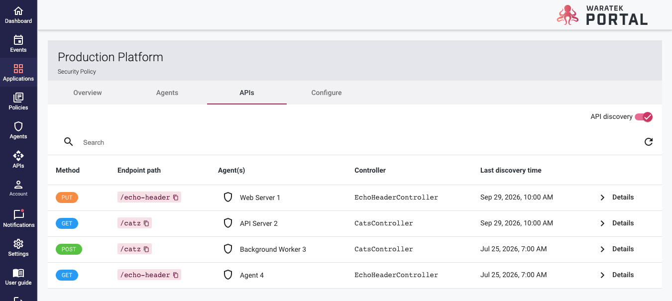 Screenshot of the application API table listing discovered endpoints with method, path, and agent columns