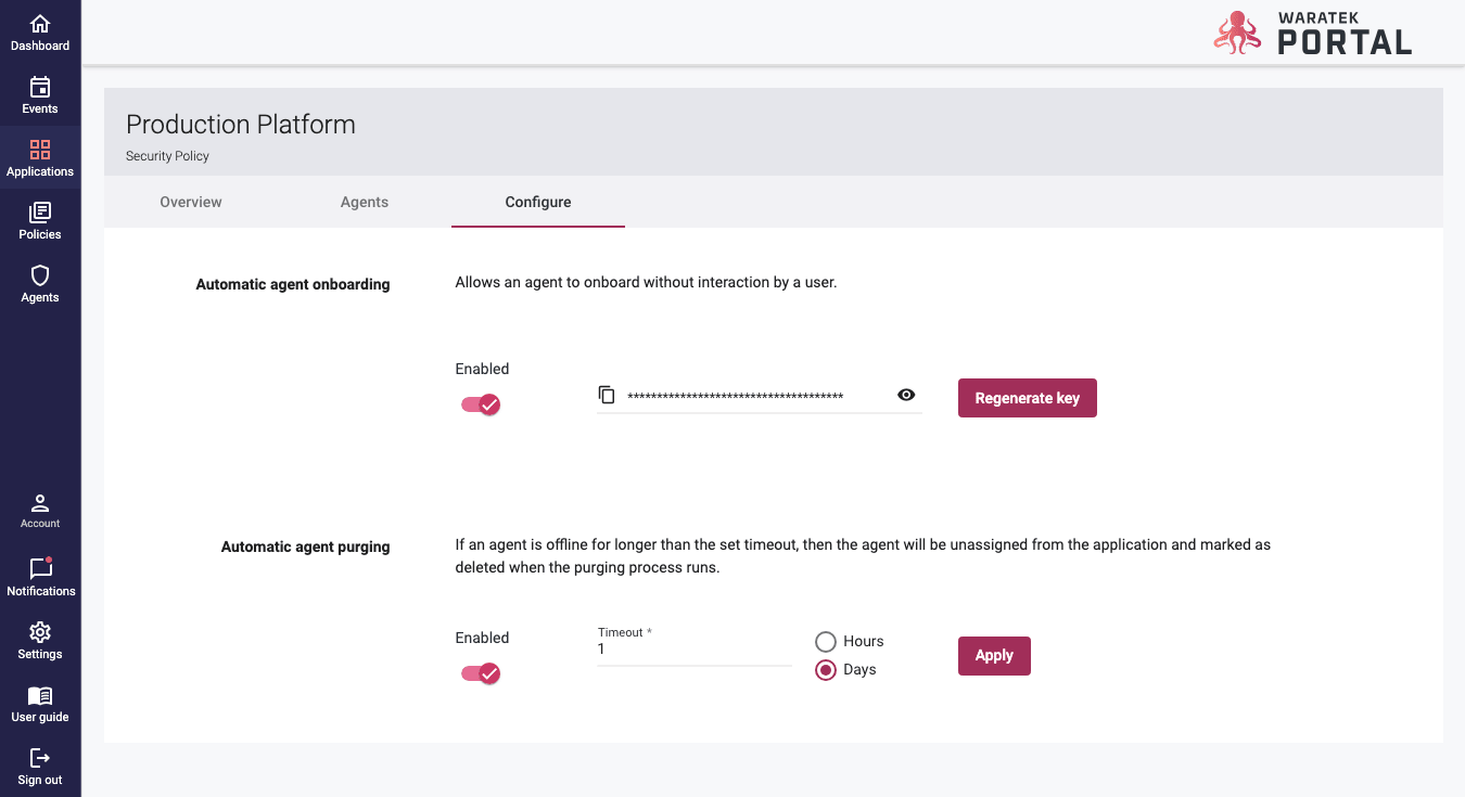 Screenshot of the application Configure tab showing Automatic Agent Purging settings