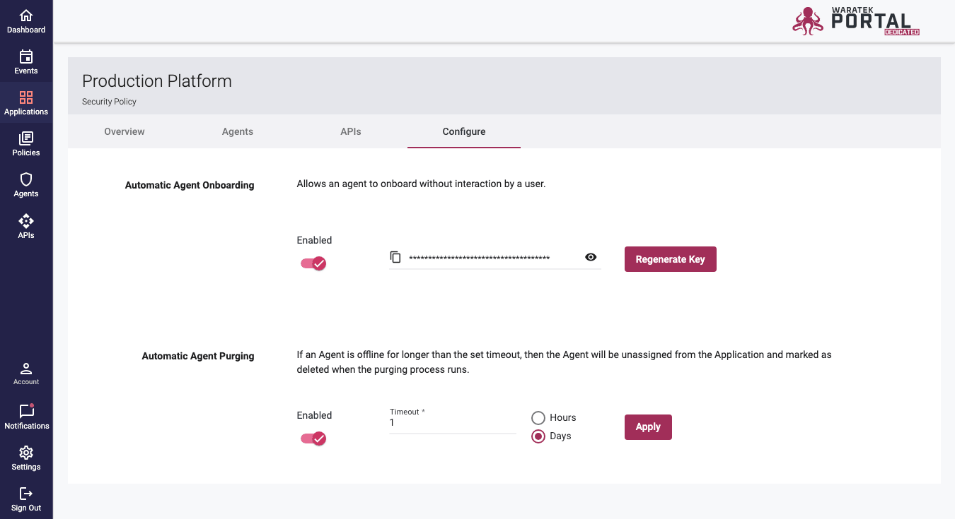 Screenshot of the application Configure tab showing Automatic Agent Purging settings